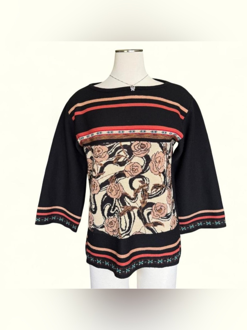 Gorg Kenzo Black & Orange Sweater Top with Peach Floral Front Panel- Medium